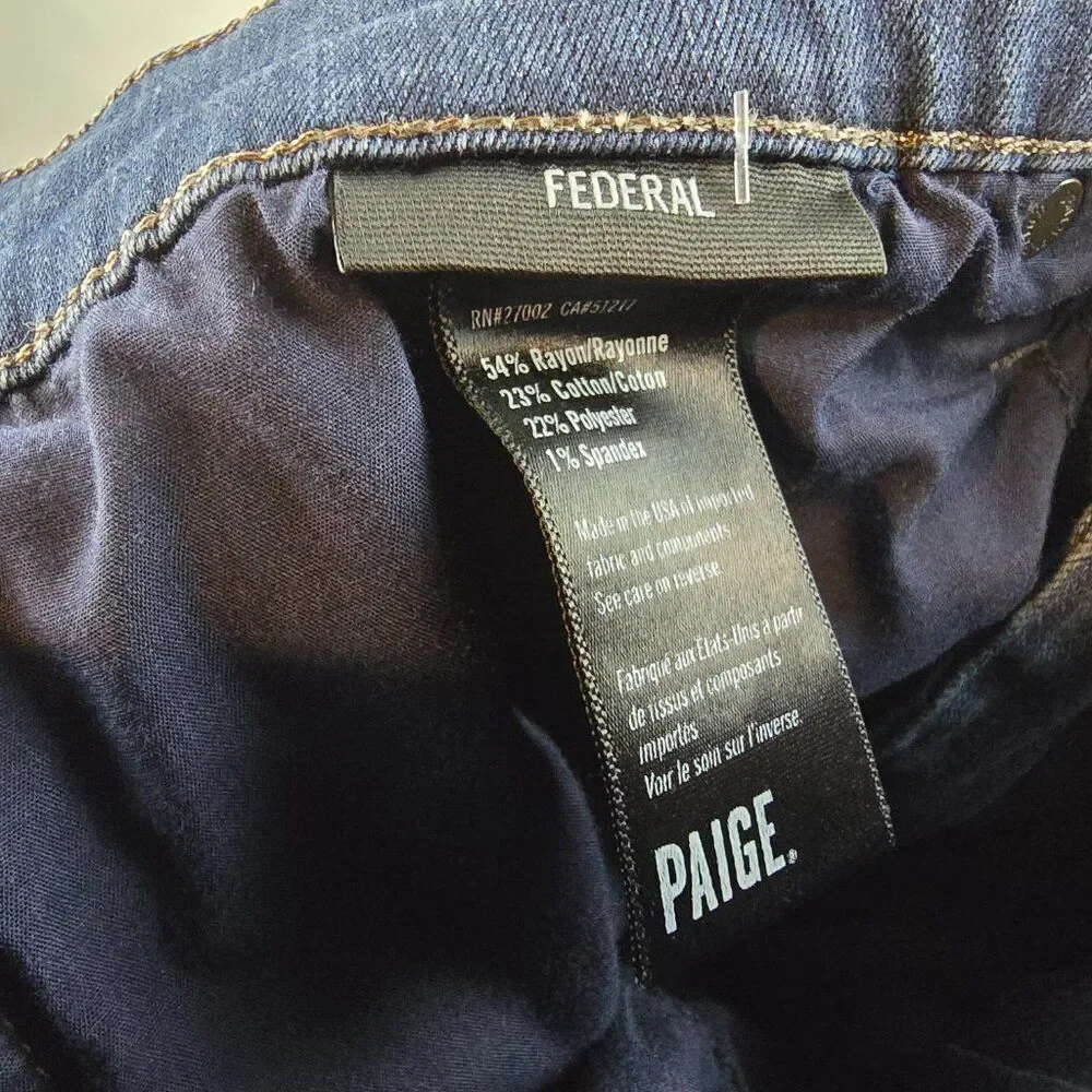 Paige Jeans Mens 34x27 Blue Denim Federal Slim Straight Dark Wash Stretch Damage